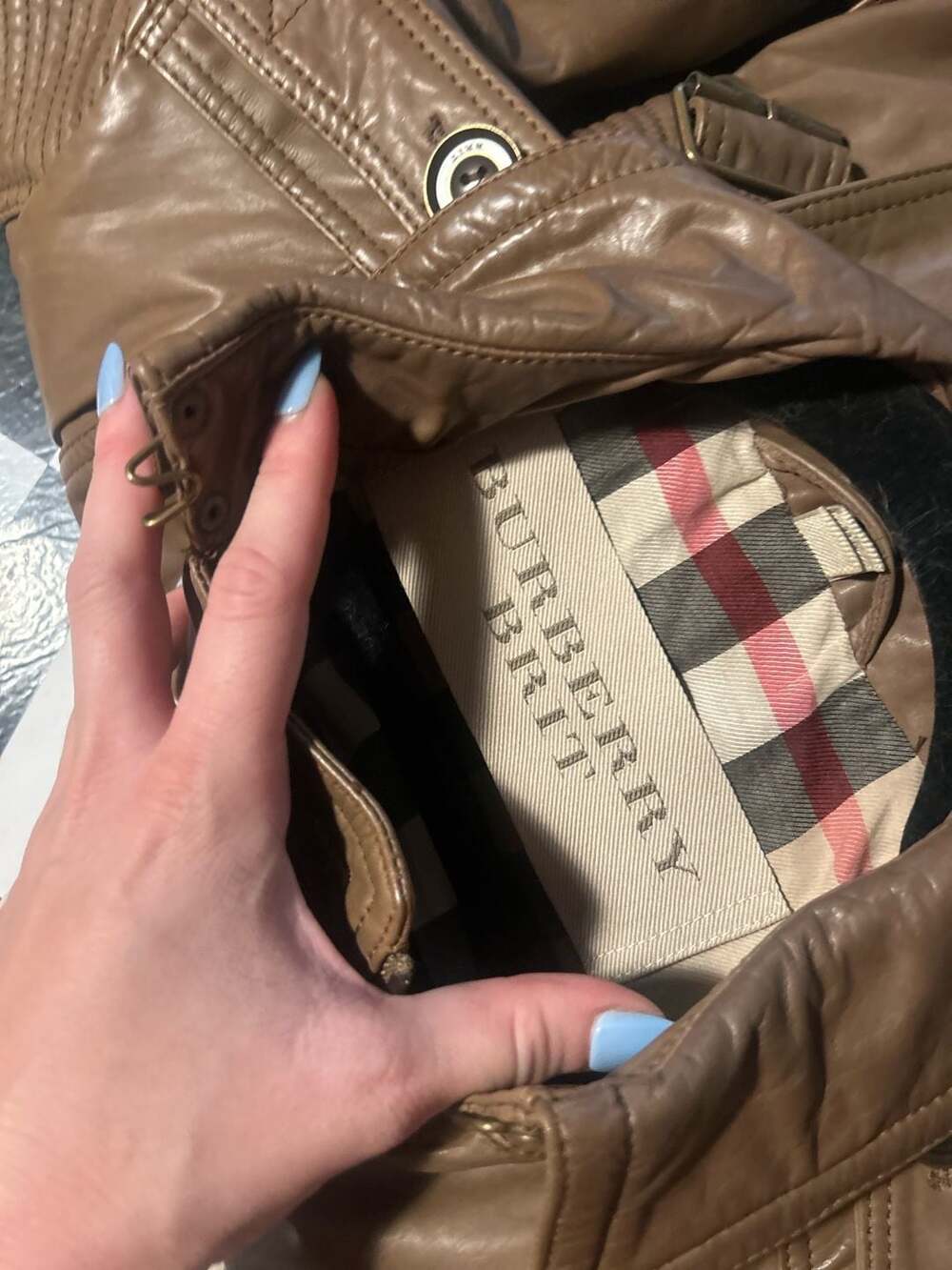 Burberry Brit Camel Brown Leather Quilted Double Breasted Belted Trench Jacket - Picture 4 of 13